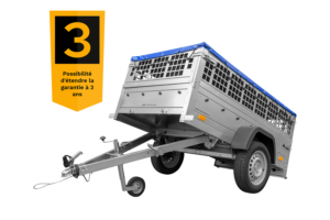Remorque grillagée 200×106 avec bâche plate bleue, ridelles grillagées et roue jockey – Garden Trailer 200 KIPP